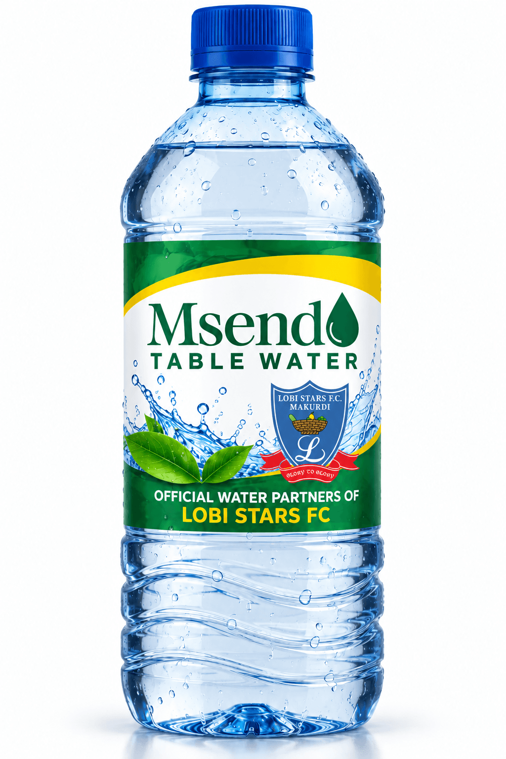 A bottle of Msendo Table Water with the Lobi Stars FC badge: Official Water Partners of Lobi Stars FC